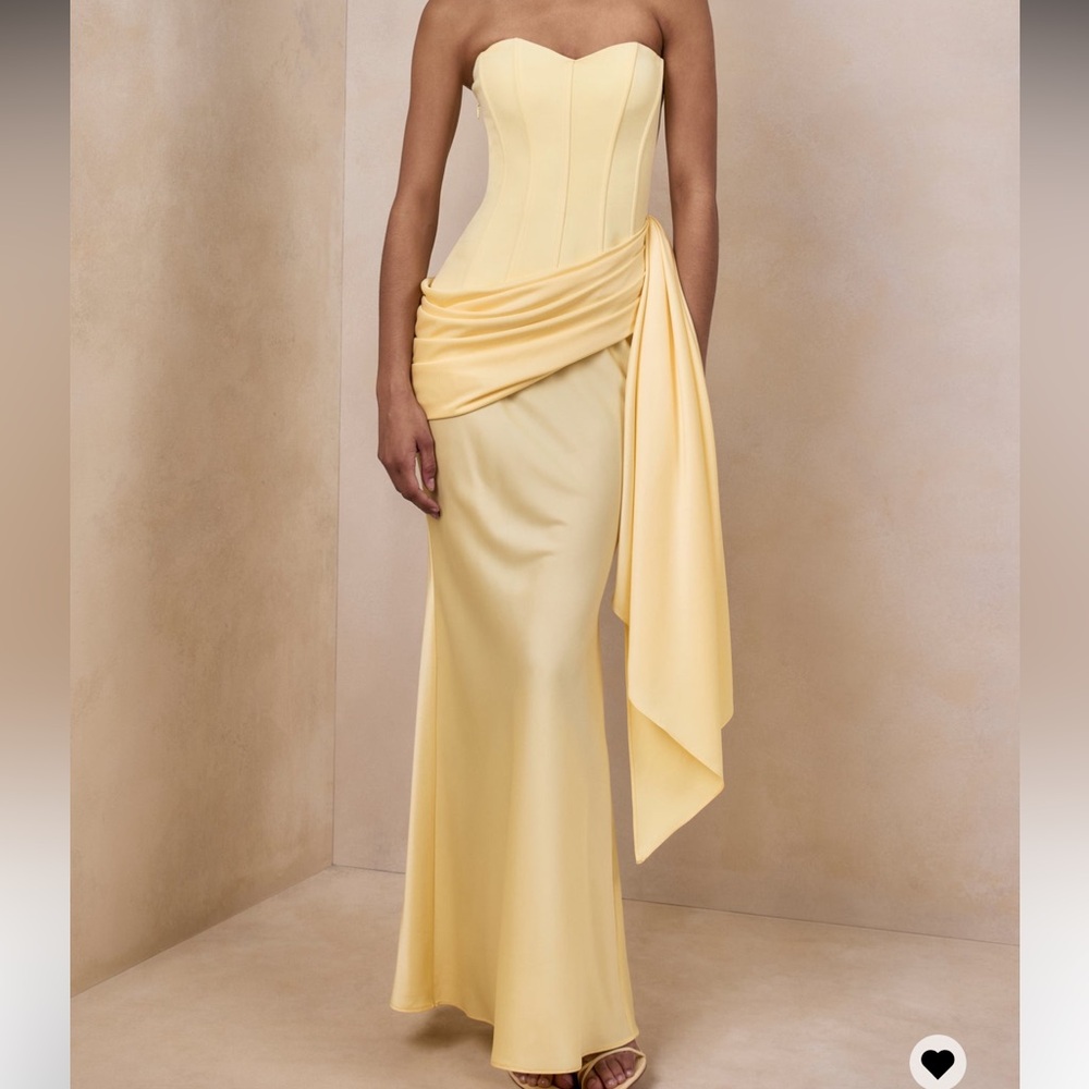 Oakley | Lemon Satin Bandeau Maxi Dress with Draped Skirt | Club L London - Picture 5 of 6